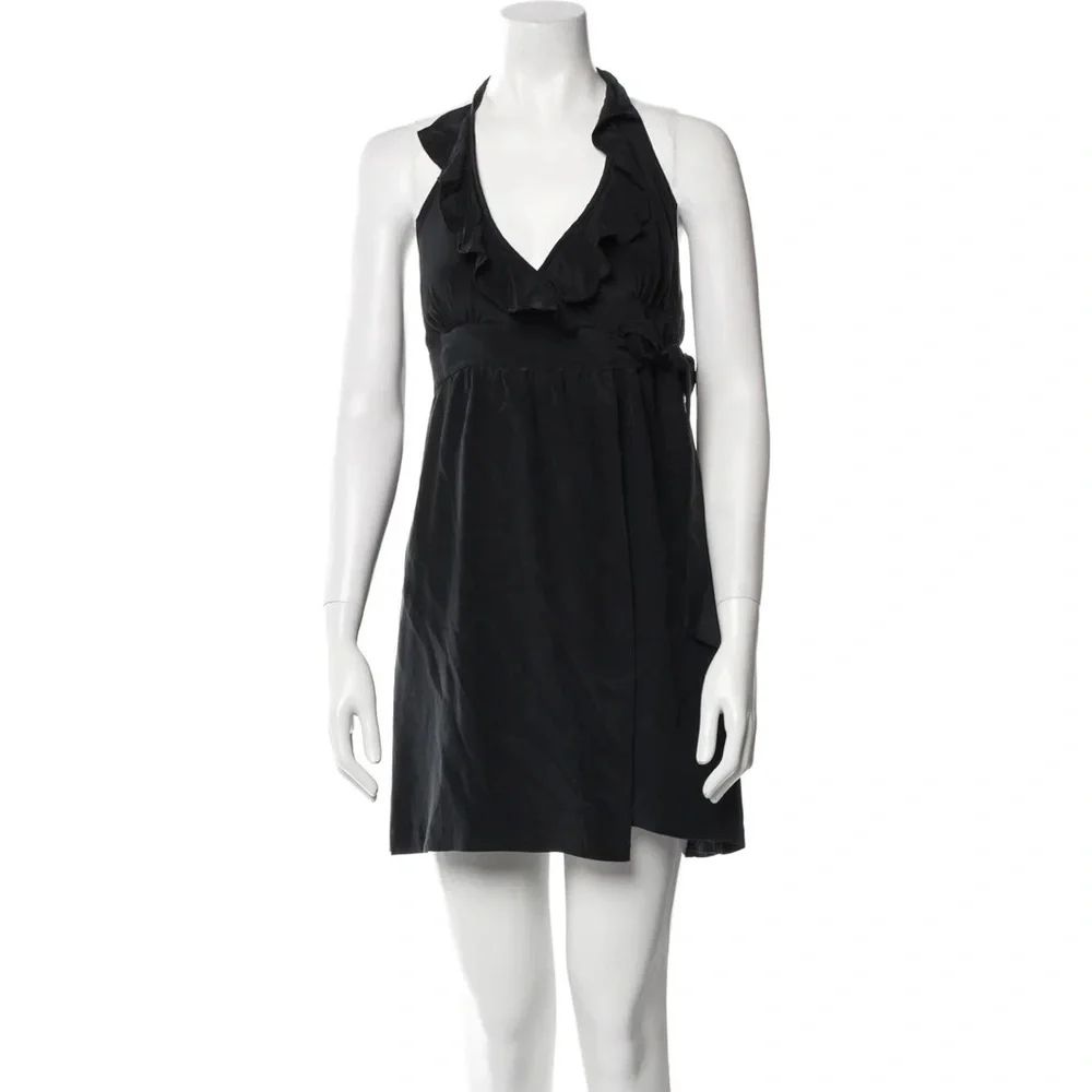TIBI 100% Silk Little Black Ruffle Mini Dress Halter Neck Bow Waist ❗️550 MSRP❗️